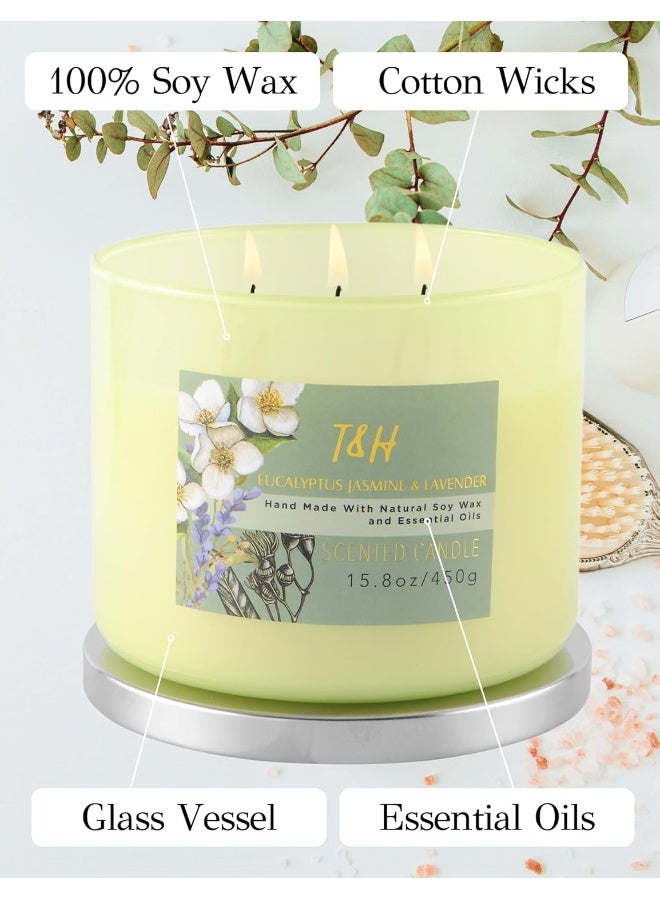 T&H Eucalyptus Jasmine Lavender Candle - Large 3 Wick Scented Candles for Home - Spring Candles - Aromatherapy Stress Relief Candles 15.8 oz, Clean Burn Natural Soy Lavender Candles for Women & Men - Image 4